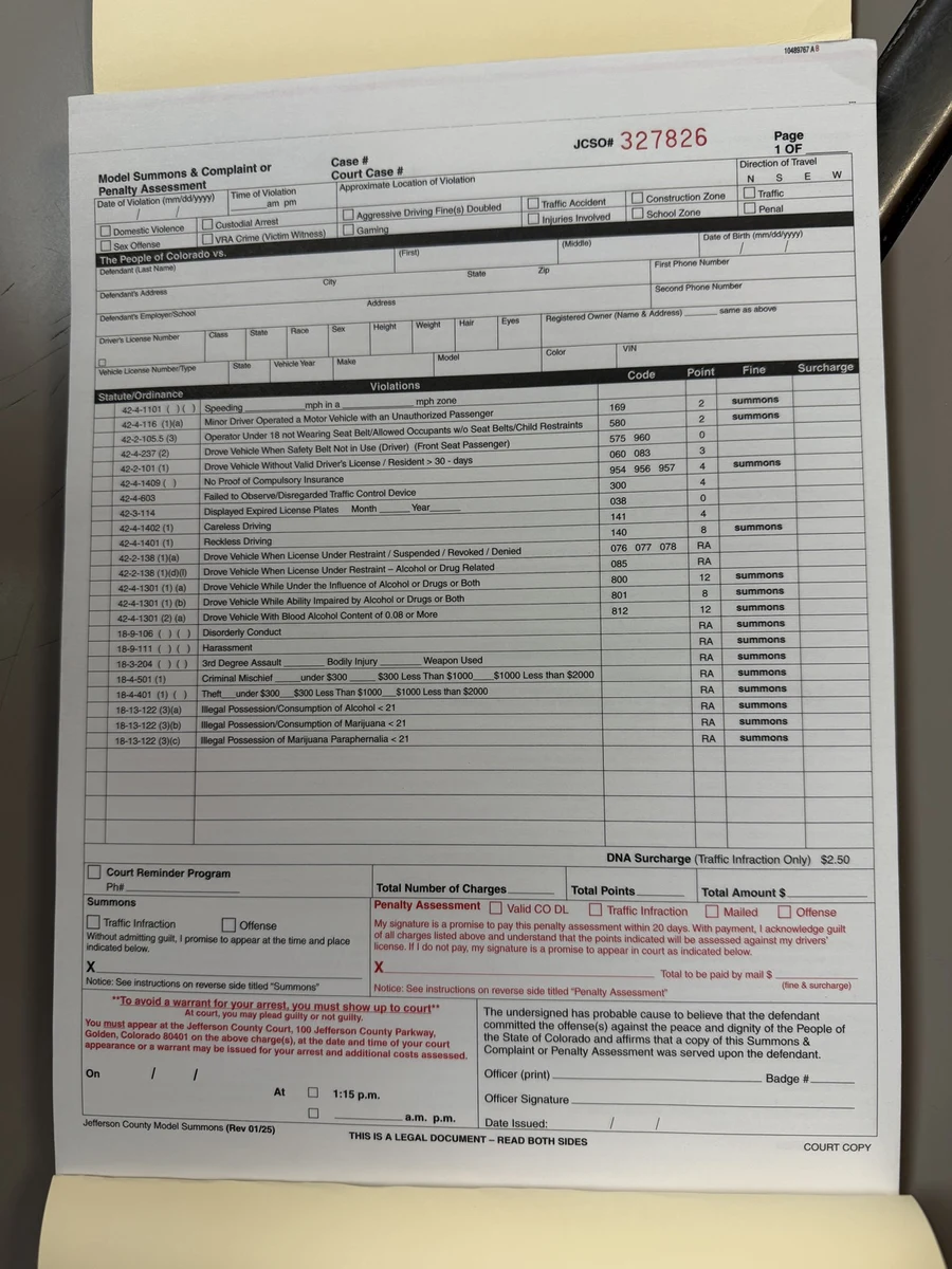 Example State Summons form headed 'Model Summons and Complaint or Penalty Assessment' with ticket number JCSO 327826